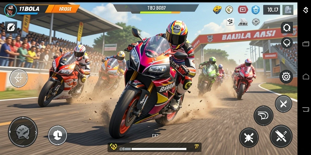 Tangkapan layar gameplay 11BOLA dengan pemacu motor balap di trek menantang.