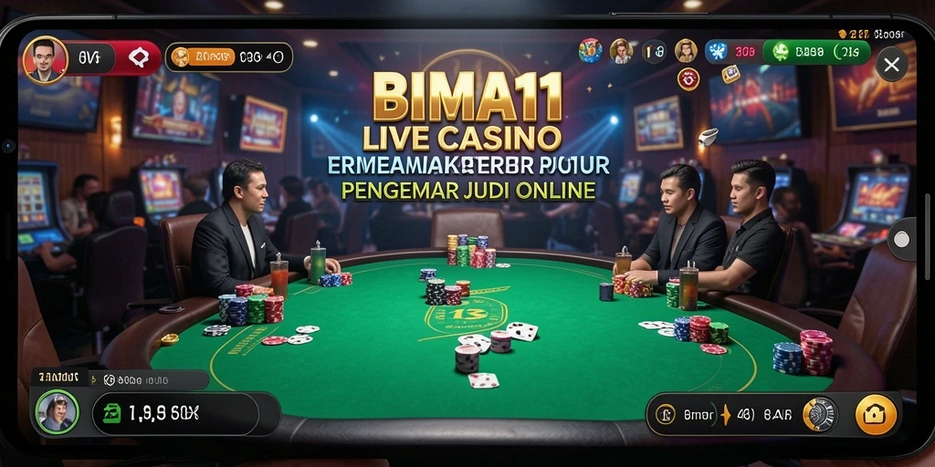Screenshot gameplay Live Casino BIMA11 menunjukkan dealer dan permainan menarik.
