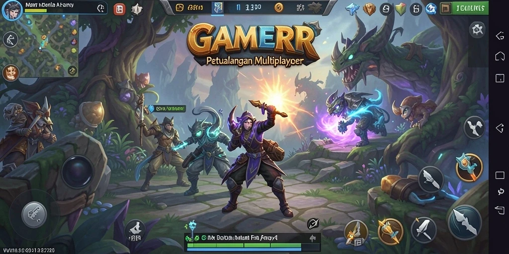 Screenshot gameplay GAMERP menunjukkan pertarungan epik di dunia fantasi.