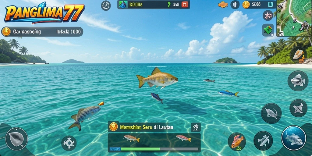 Screenshot utama PANGLIMA77 menampilkan gameplay memancing yang intens.