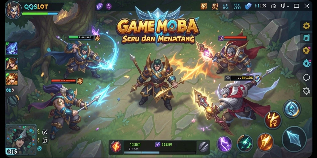 Tampilan gameplay seru dalam QQSLOT dengan karakter MOBA yang menarik.